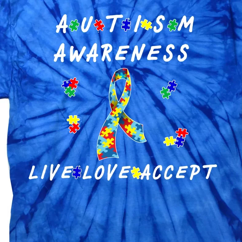 Live Love Accept Autism Puzzle Piece Ribbon Tie-Dye T-Shirt