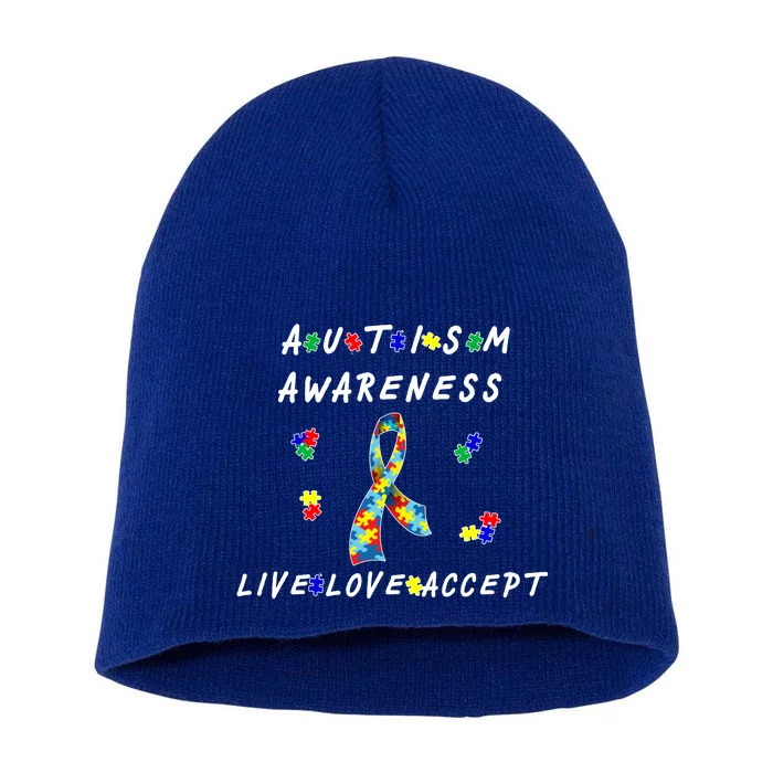 Live Love Accept Autism Puzzle Piece Ribbon Short Acrylic Beanie