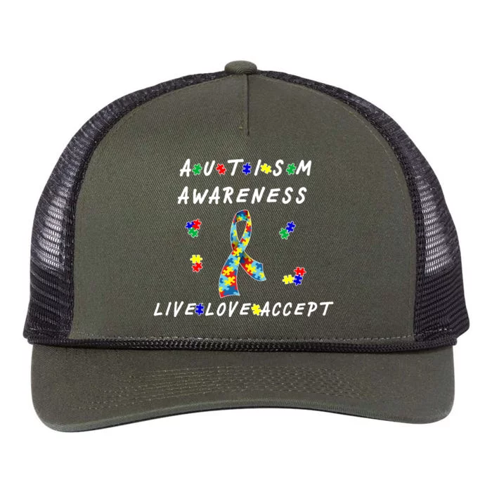 Live Love Accept Autism Puzzle Piece Ribbon Retro Rope Trucker Hat Cap