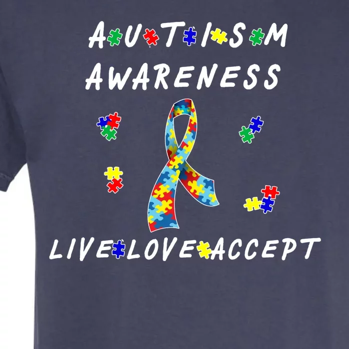 Live Love Accept Autism Puzzle Piece Ribbon Garment-Dyed Heavyweight T-Shirt