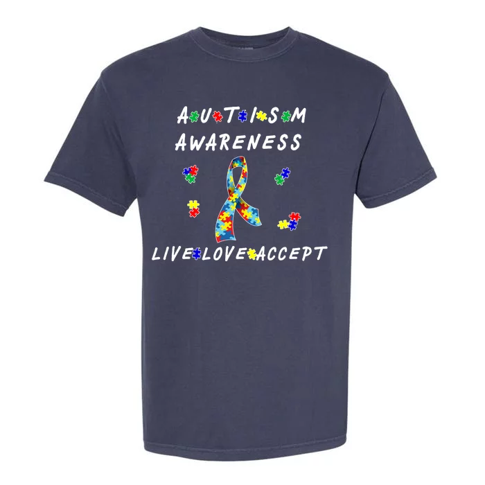 Live Love Accept Autism Puzzle Piece Ribbon Garment-Dyed Heavyweight T-Shirt