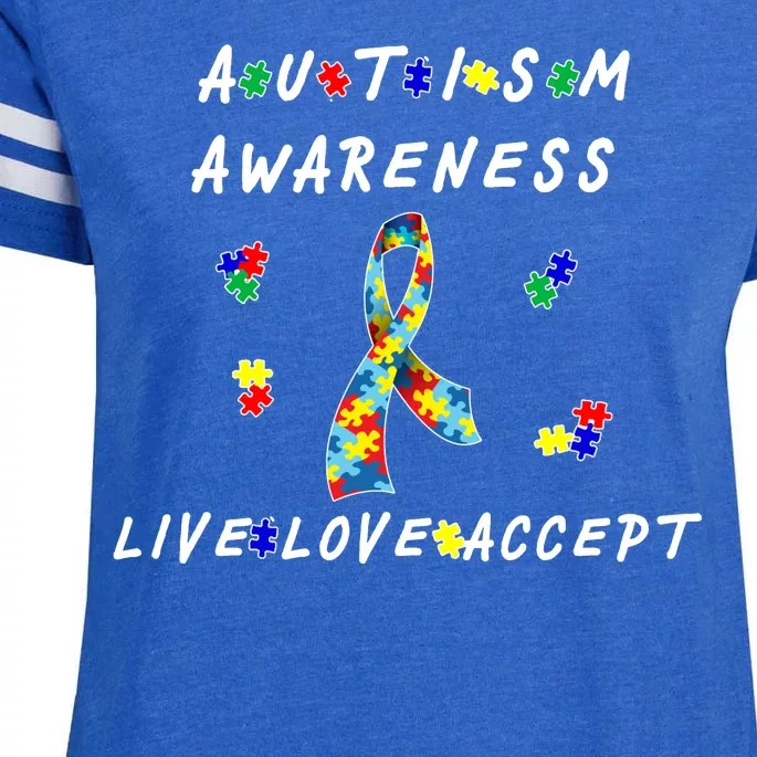 Live Love Accept Autism Puzzle Piece Ribbon Enza Ladies Jersey Football T-Shirt