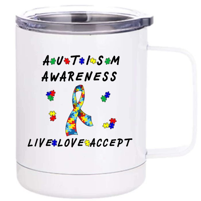 Live Love Accept Autism Puzzle Piece Ribbon Front & Back 12oz Stainless Steel Tumbler Cup