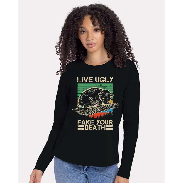 Live Ugly Fake Your Death Retro Vintage Opossum Womens Cotton Relaxed Long Sleeve T-Shirt