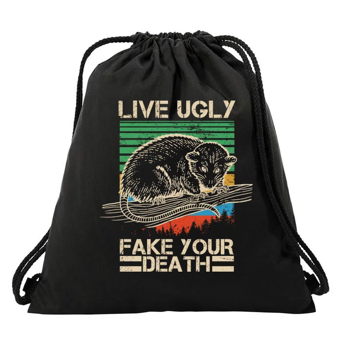 Live Ugly Fake Your Death Retro Vintage Opossum Drawstring Bag