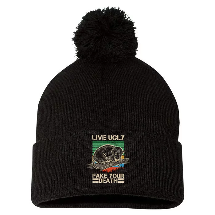 Live Ugly Fake Your Death Retro Vintage Opossum Pom Pom 12in Knit Beanie