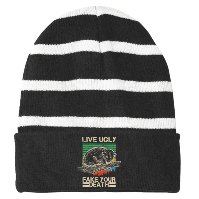 Live Ugly Fake Your Death Retro Vintage Opossum Striped Beanie with Solid Band