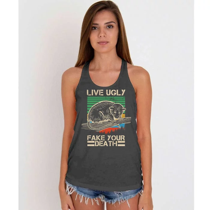 Live Ugly Fake Your Death Retro Vintage Opossum Women's Knotted Racerback Tank