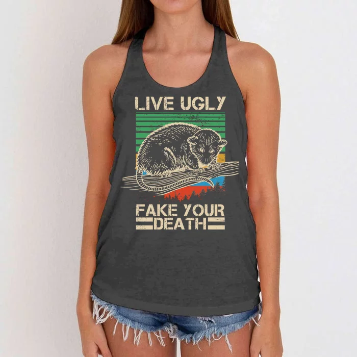 Live Ugly Fake Your Death Retro Vintage Opossum Women's Knotted Racerback Tank