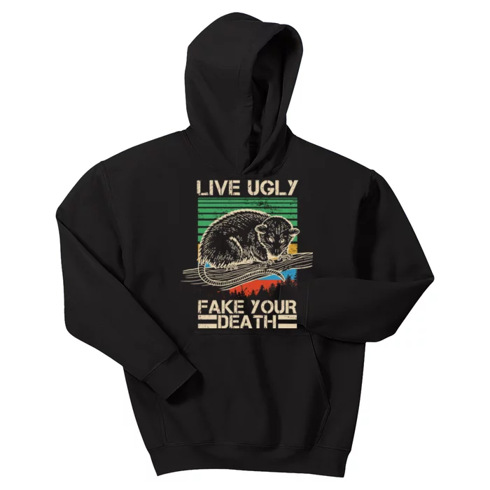 Live Ugly Fake Your Death Retro Vintage Opossum Kids Hoodie