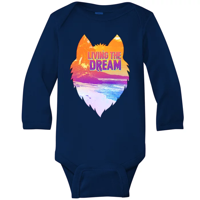 Living The Dream Californian Beach Wolf Head Baby Long Sleeve Bodysuit