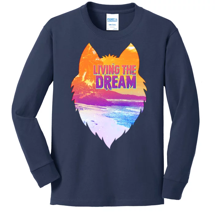 Living The Dream Californian Beach Wolf Head Kids Long Sleeve Shirt