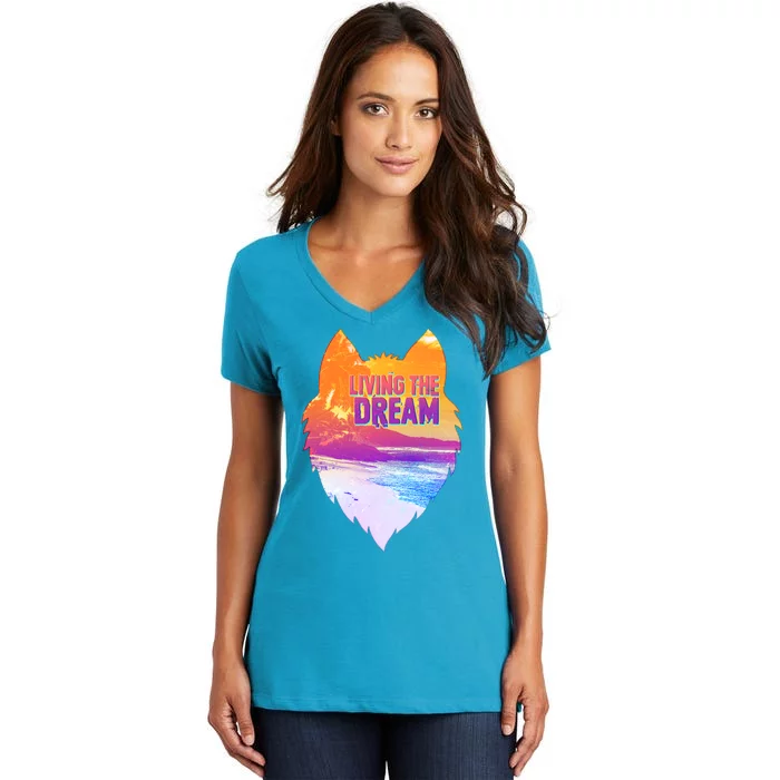 Living The Dream Californian Beach Wolf Head Women's V-Neck T-Shirt