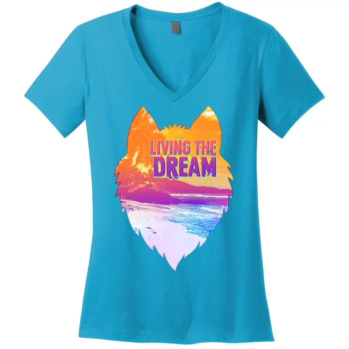 Living The Dream Californian Beach Wolf Head Women's V-Neck T-Shirt