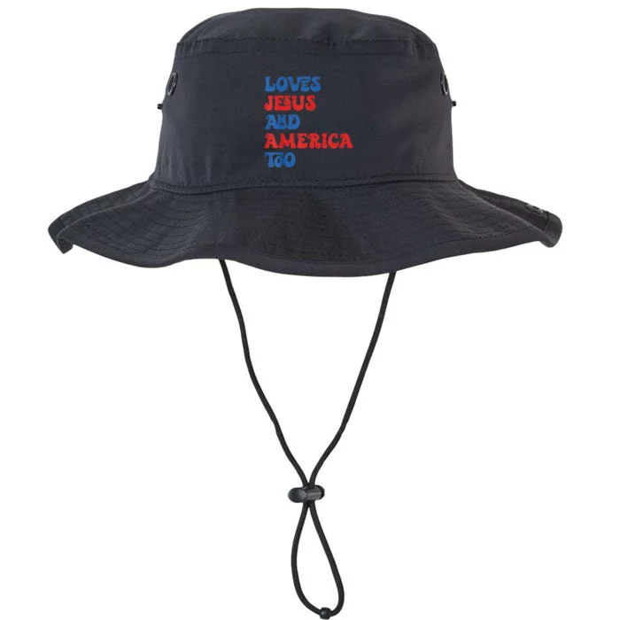 Loves Jesus and America Too God Christian 4th of July retro Legacy Cool Fit Booney Bucket Hat