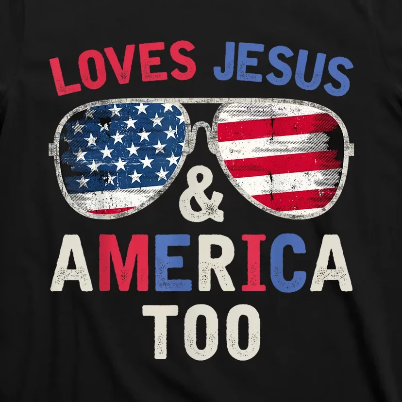 Loves Jesus and America Too Retro God Christian 4th of July T-Shirt