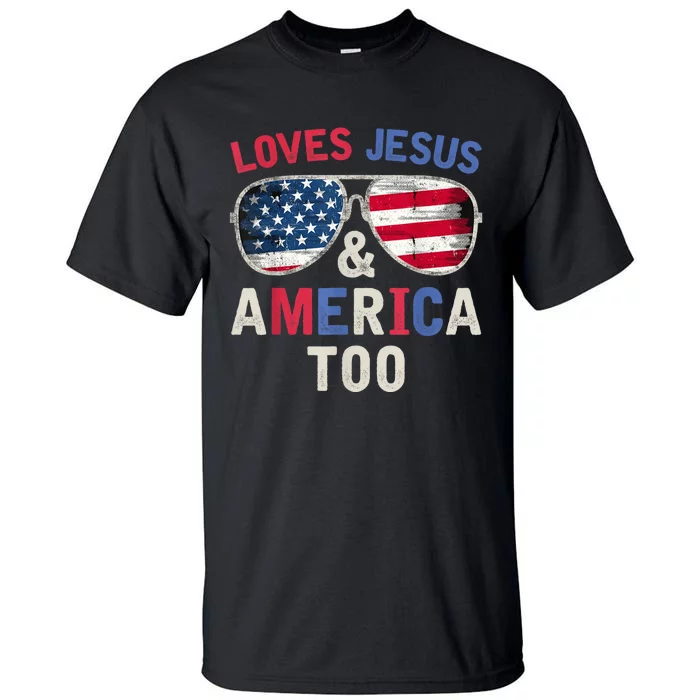 Loves Jesus and America Too Retro God Christian 4th of July Tall T-Shirt