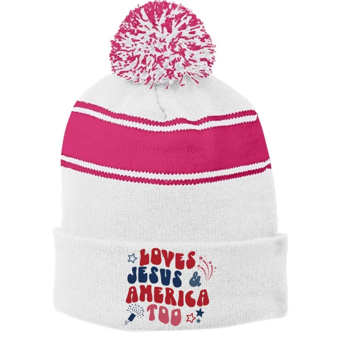 Loves Jesus And America Too Stripe Pom Pom Beanie