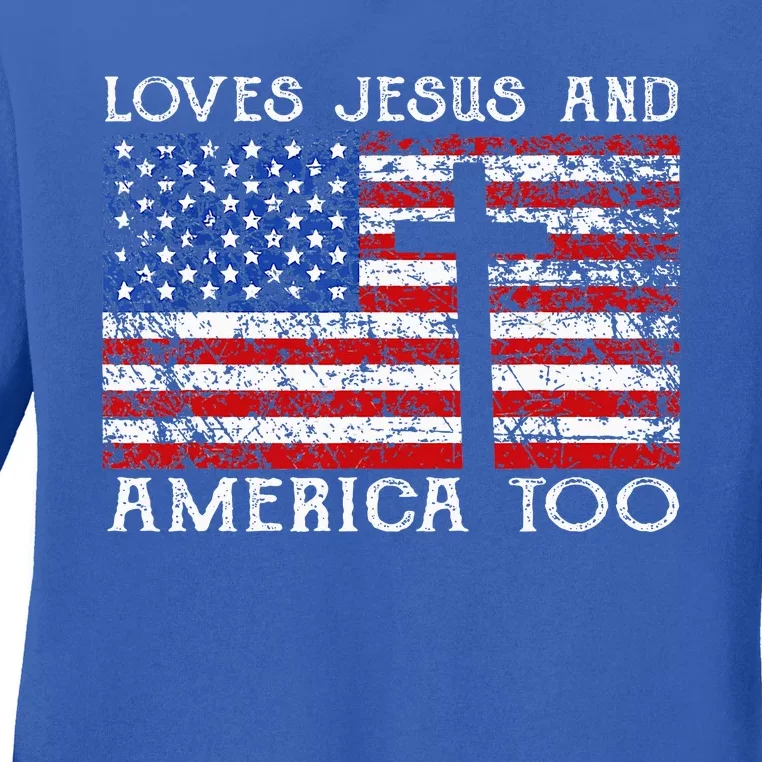 Loves Jesus And America Too Usa Patriotic Ladies Long Sleeve Shirt