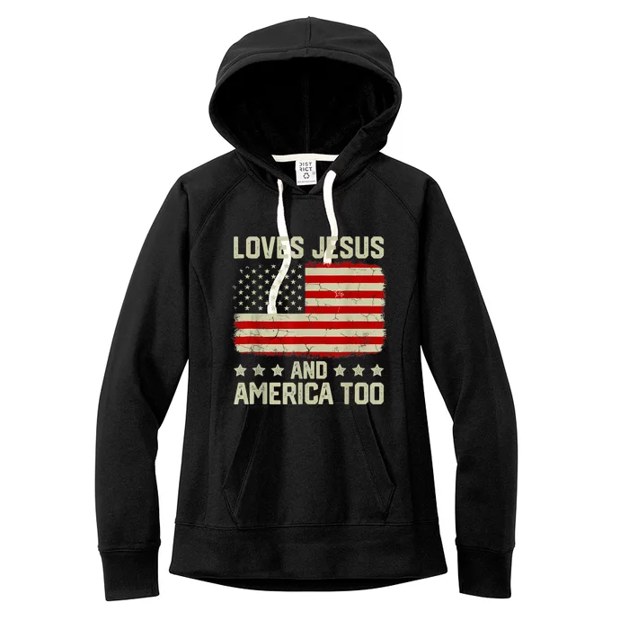 Loves Jesus And America Too 4th Of July Proud American Flag Women's Fleece Hoodie