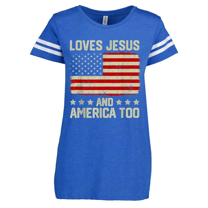 Loves Jesus And America Too 4th Of July Proud American Flag Enza Ladies Jersey Football T-Shirt