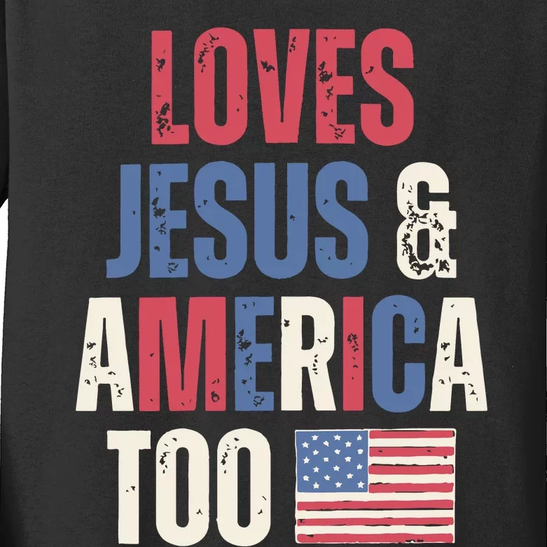 Loves Jesus & America Too Funny 4th Of July Kids Long Sleeve Shirt