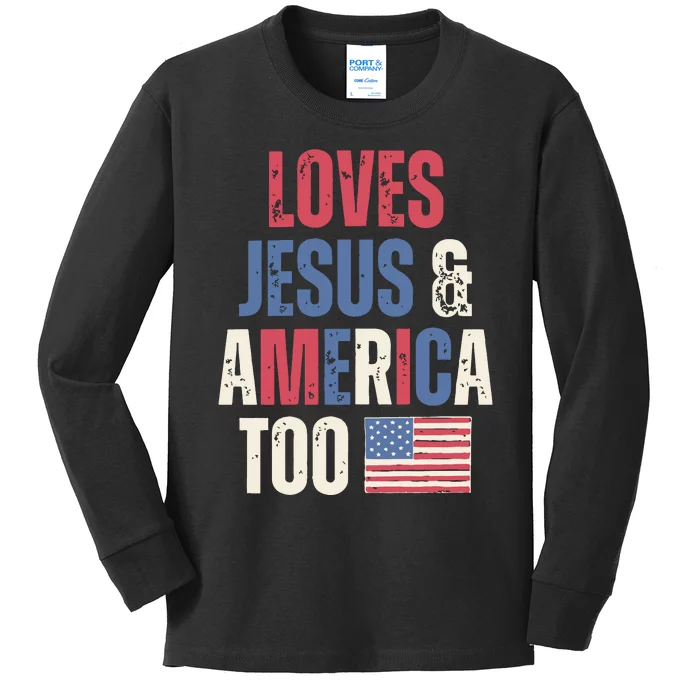 Loves Jesus & America Too Funny 4th Of July Kids Long Sleeve Shirt