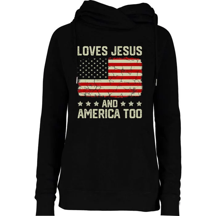 Loves Jesus And America Too USA Patriotic Christian Womens Funnel Neck Pullover Hood