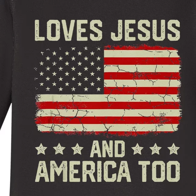 Loves Jesus And America Too USA Patriotic Christian Baby Long Sleeve Bodysuit