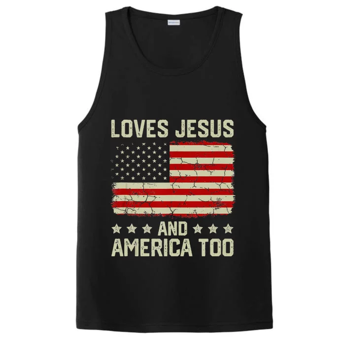 Loves Jesus And America Too USA Patriotic Christian Performance Tank