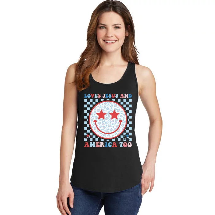 Loves Jesus and America Too God Christian Groovy 4th of July Ladies Essential Tank