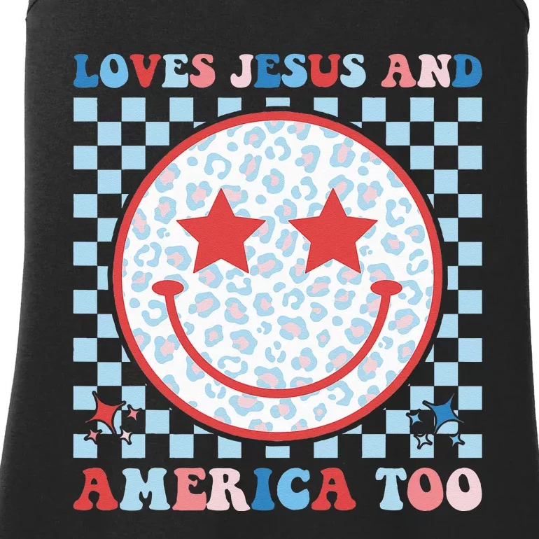 Loves Jesus and America Too God Christian Groovy 4th of July Ladies Essential Tank