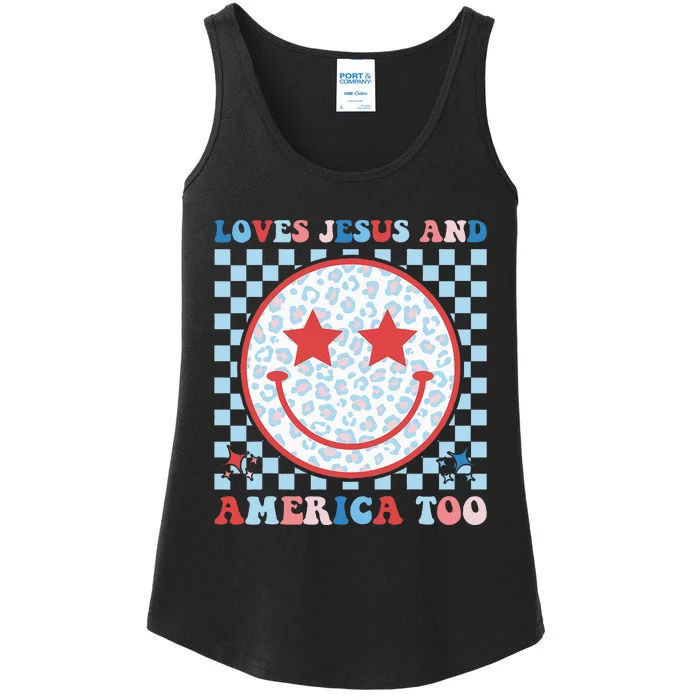 Loves Jesus and America Too God Christian Groovy 4th of July Ladies Essential Tank