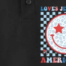 Loves Jesus and America Too God Christian Groovy 4th of July Dry Zone Grid Performance Polo