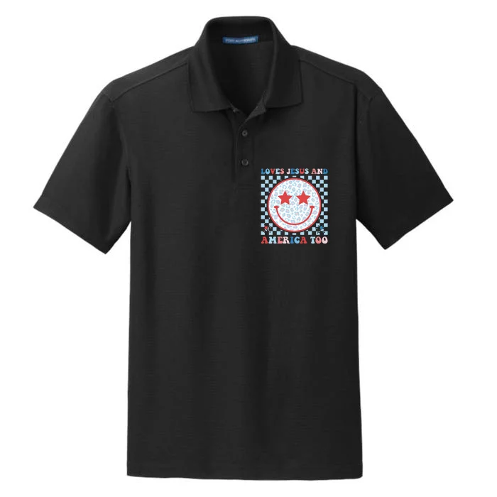 Loves Jesus and America Too God Christian Groovy 4th of July Dry Zone Grid Performance Polo