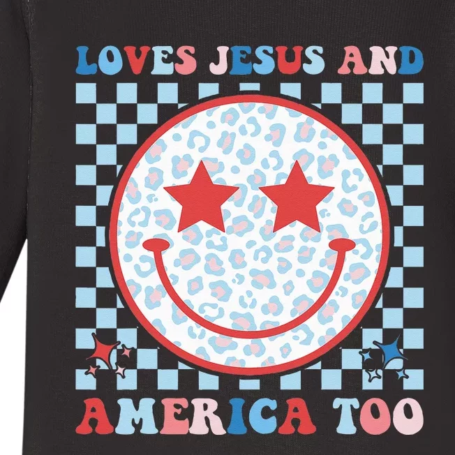 Loves Jesus and America Too God Christian Groovy 4th of July Baby Long Sleeve Bodysuit