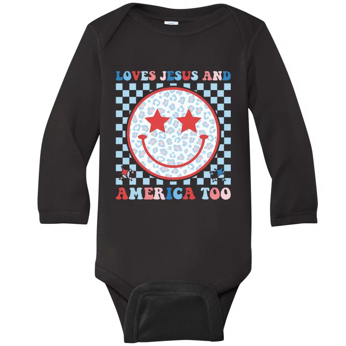 Loves Jesus and America Too God Christian Groovy 4th of July Baby Long Sleeve Bodysuit