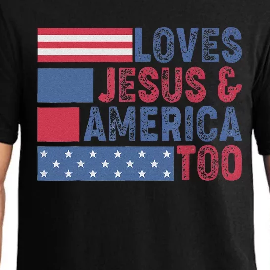 Loves Jesus & America Too Christ 4th Of July American Flag Pajama Set