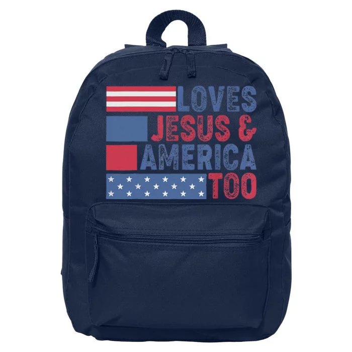 Loves Jesus & America Too Christ 4th Of July American Flag 16 in Basic Backpack