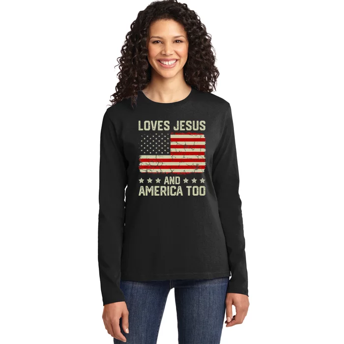 Loves Jesus And America Too USA Patriotic Christian Ladies Long Sleeve Shirt