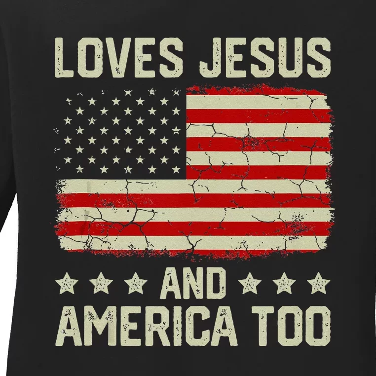 Loves Jesus And America Too USA Patriotic Christian Ladies Long Sleeve Shirt