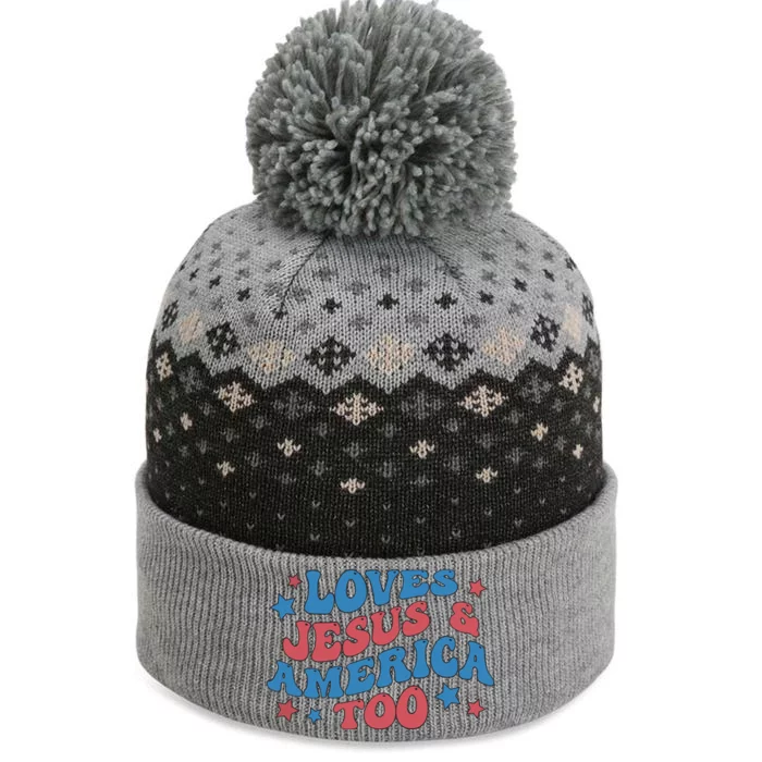 Loves Jesus And America Too Groovy 4th Of July The Baniff Cuffed Pom Beanie