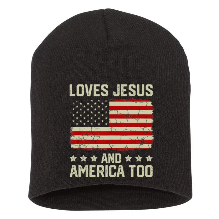 Loves Jesus And America Too USA Patriotic Christian Short Acrylic Beanie