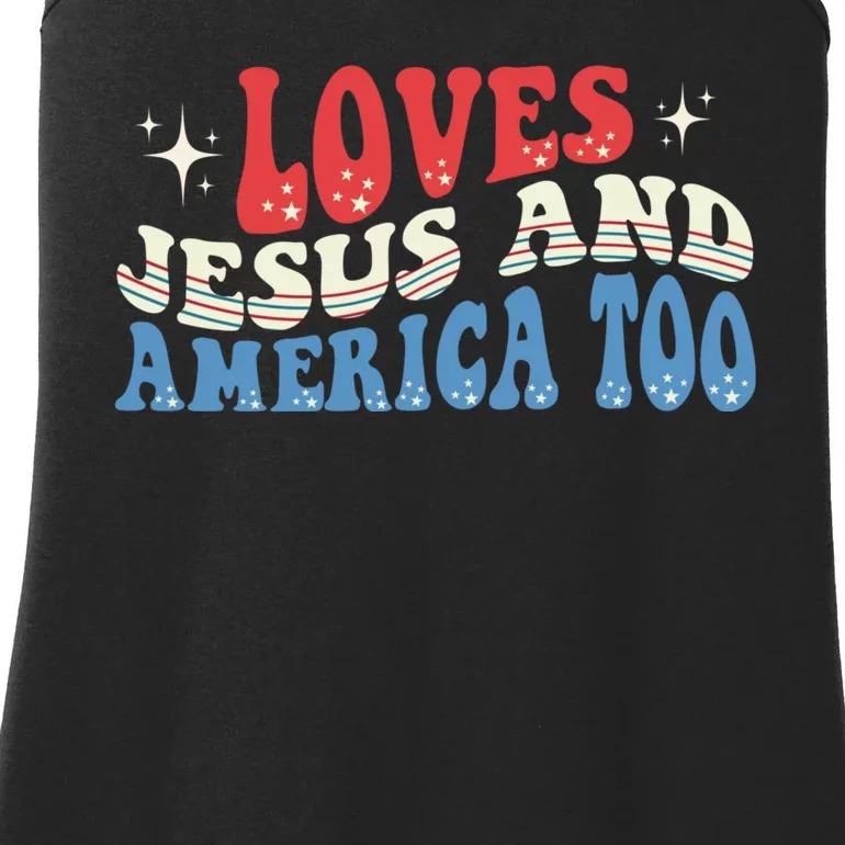 Loves Jesus And America Too God Christian Groovy 4th Of July Ladies Essential Tank