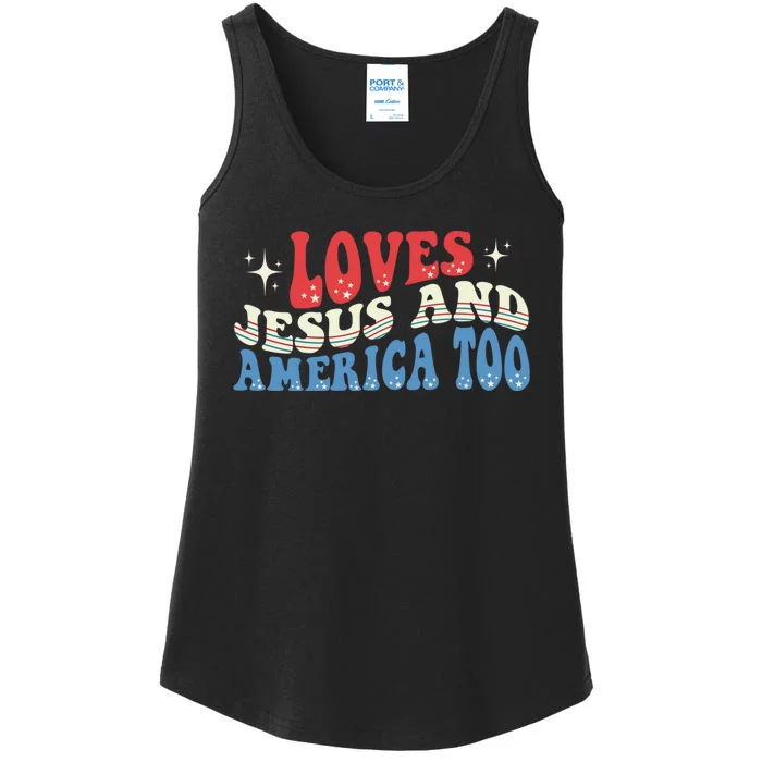 Loves Jesus And America Too God Christian Groovy 4th Of July Ladies Essential Tank