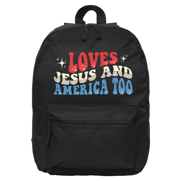 Loves Jesus And America Too God Christian Groovy 4th Of July 16 in Basic Backpack