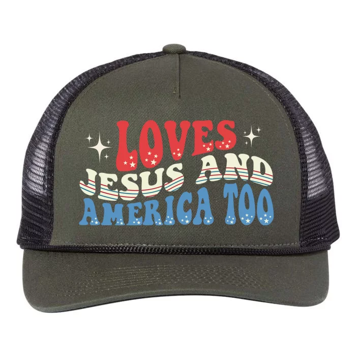 Loves Jesus And America Too God Christian Groovy 4th Of July Retro Rope Trucker Hat Cap