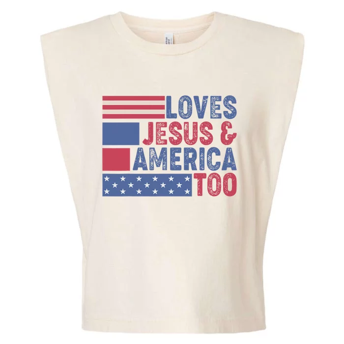 Loves Jesus & America Too Christ 4th Of July American Flag Garment-Dyed Women's Muscle Tee