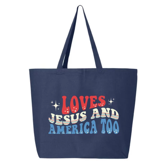 Loves Jesus And America Too God Christian Groovy 4th Of July 25L Jumbo Tote