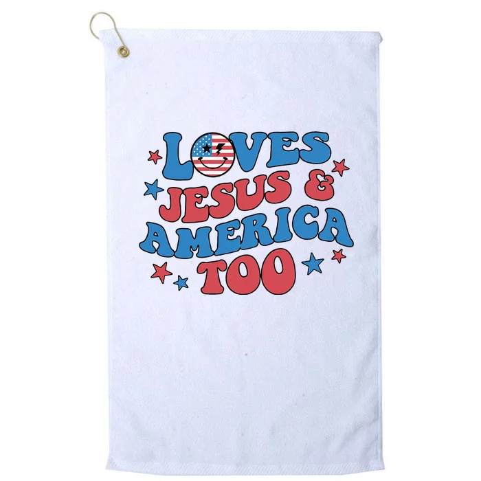 Loves Jesus and America Too God Christian Groovy 4th of July Platinum Collection Golf Towel